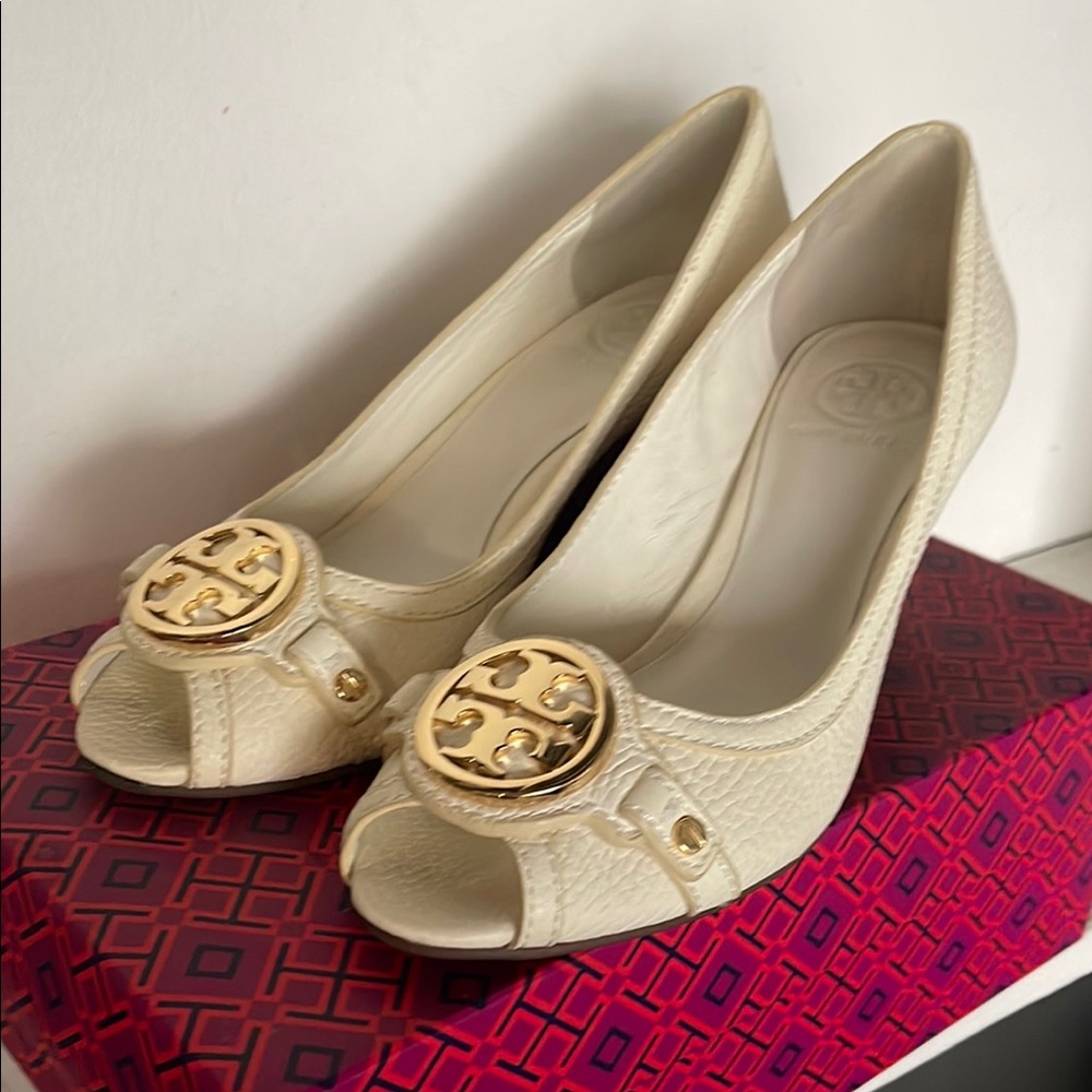 Tory Burch Cream Peep Toe Wedges